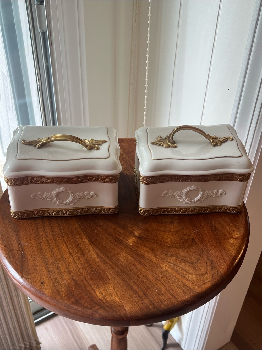 Ethan Allen Ivory   and Gold Decorative Covered Boxes - Pair